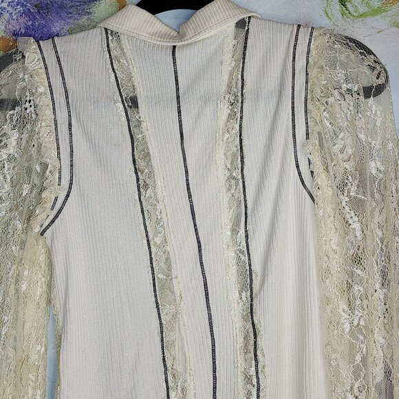 FREE PEOPLE Long Sleeve Lace Blouse with Ruffle Front Button - Picture 9 of 10